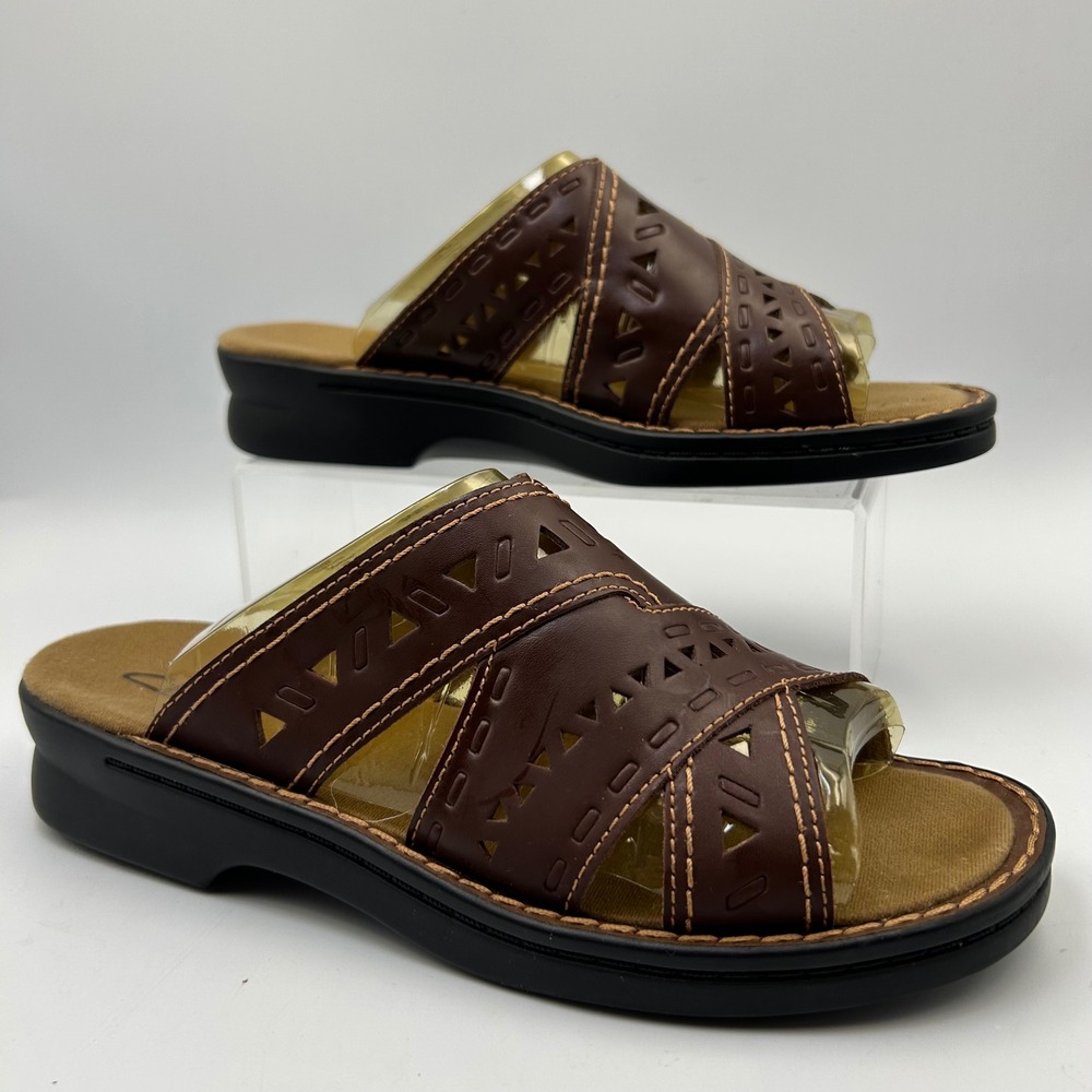 Clarks Slide Sandals Womens 8 Brown Leather Laser Cut Comfort Boho Gorpcore